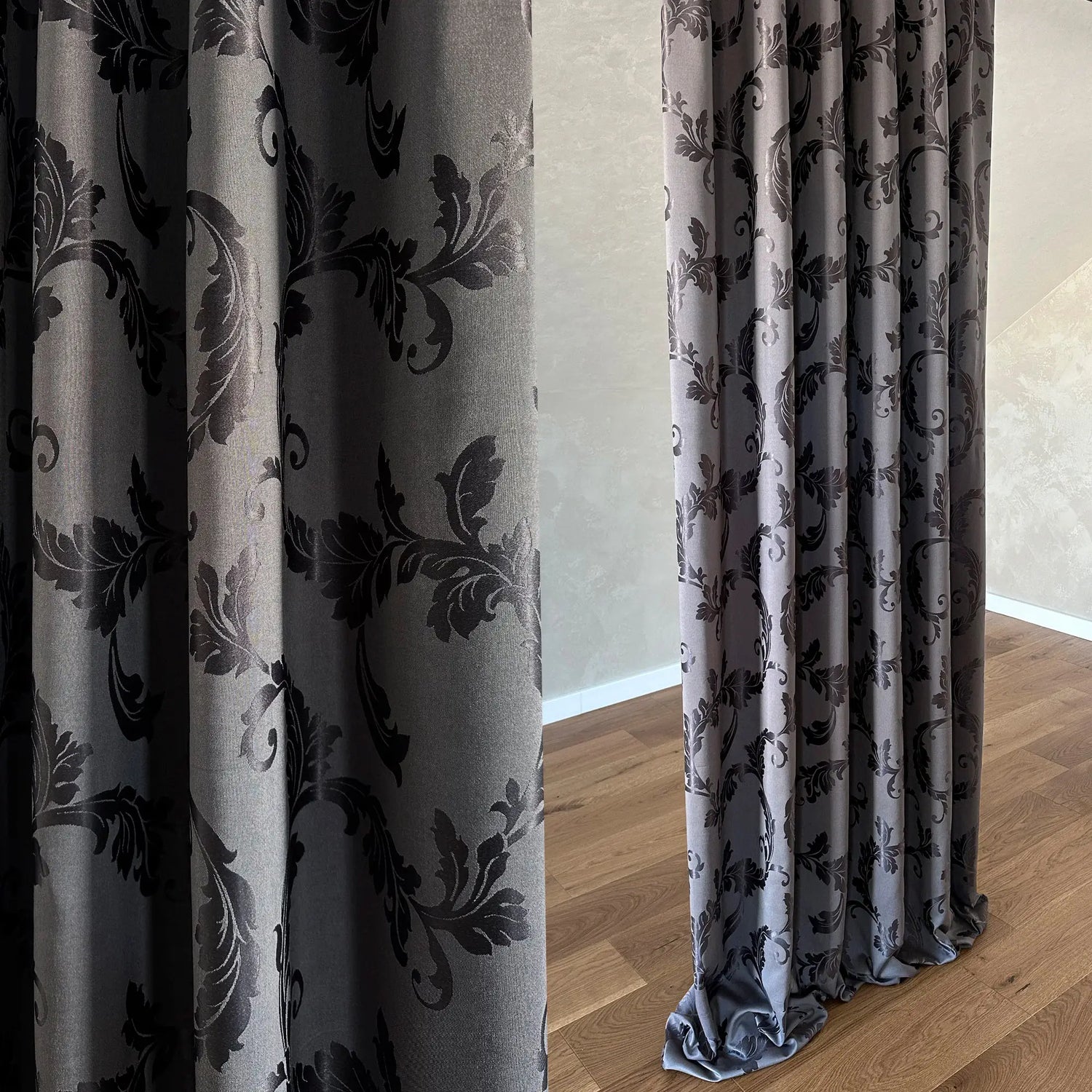 Cotton Curtain Panels Custom with Damask Charcoal Gray Floral Pattern