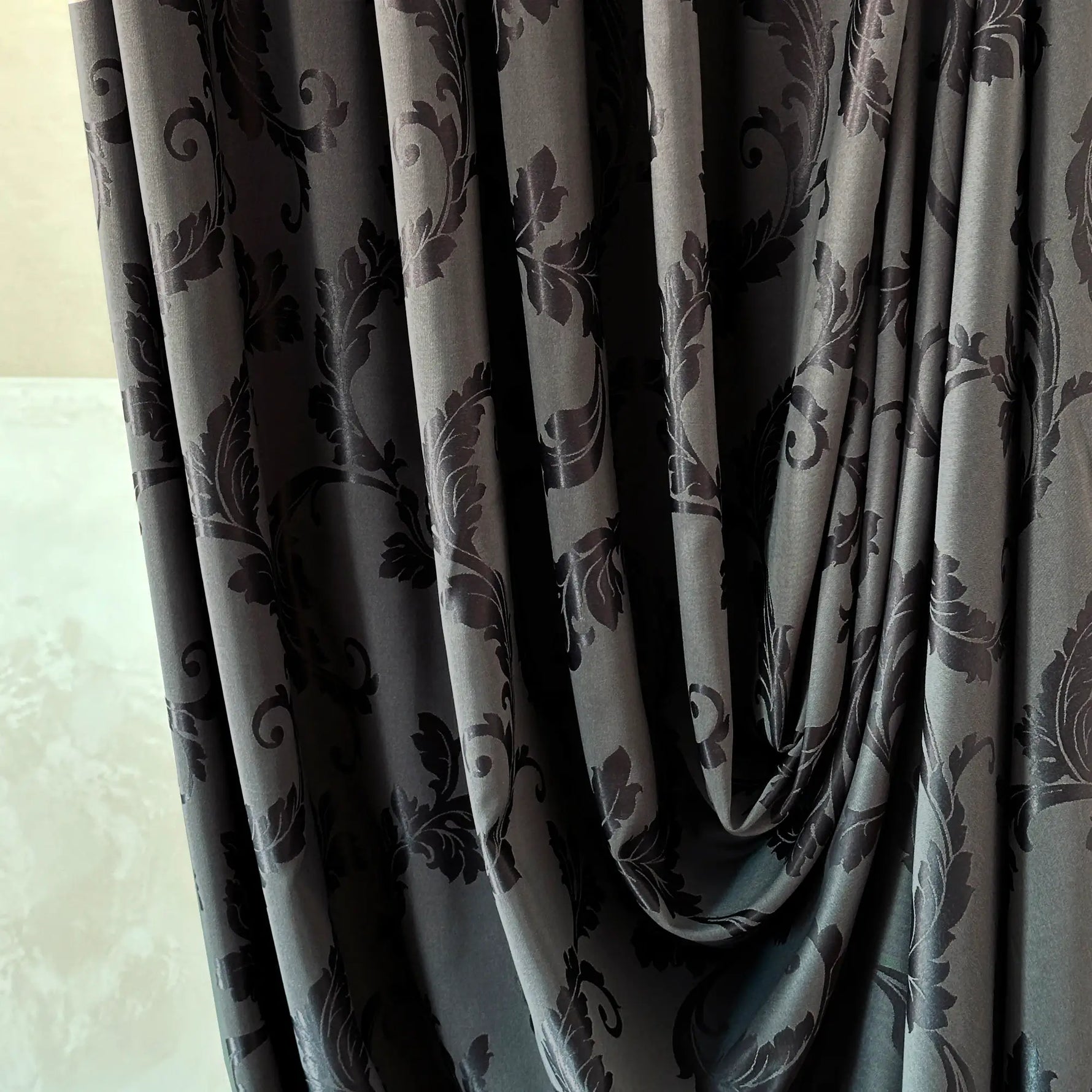 Cotton Curtain Panels Custom with Damask Charcoal Gray Floral Pattern