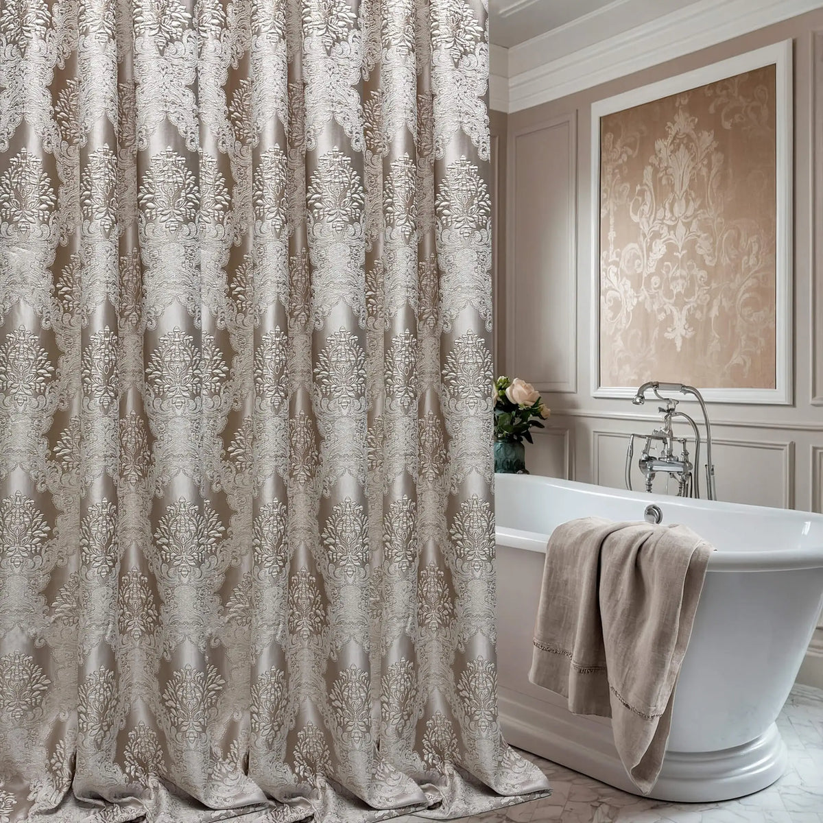 Bathtub Curtain Waterproof in Chic Damask Style, Gold Bohemian 
