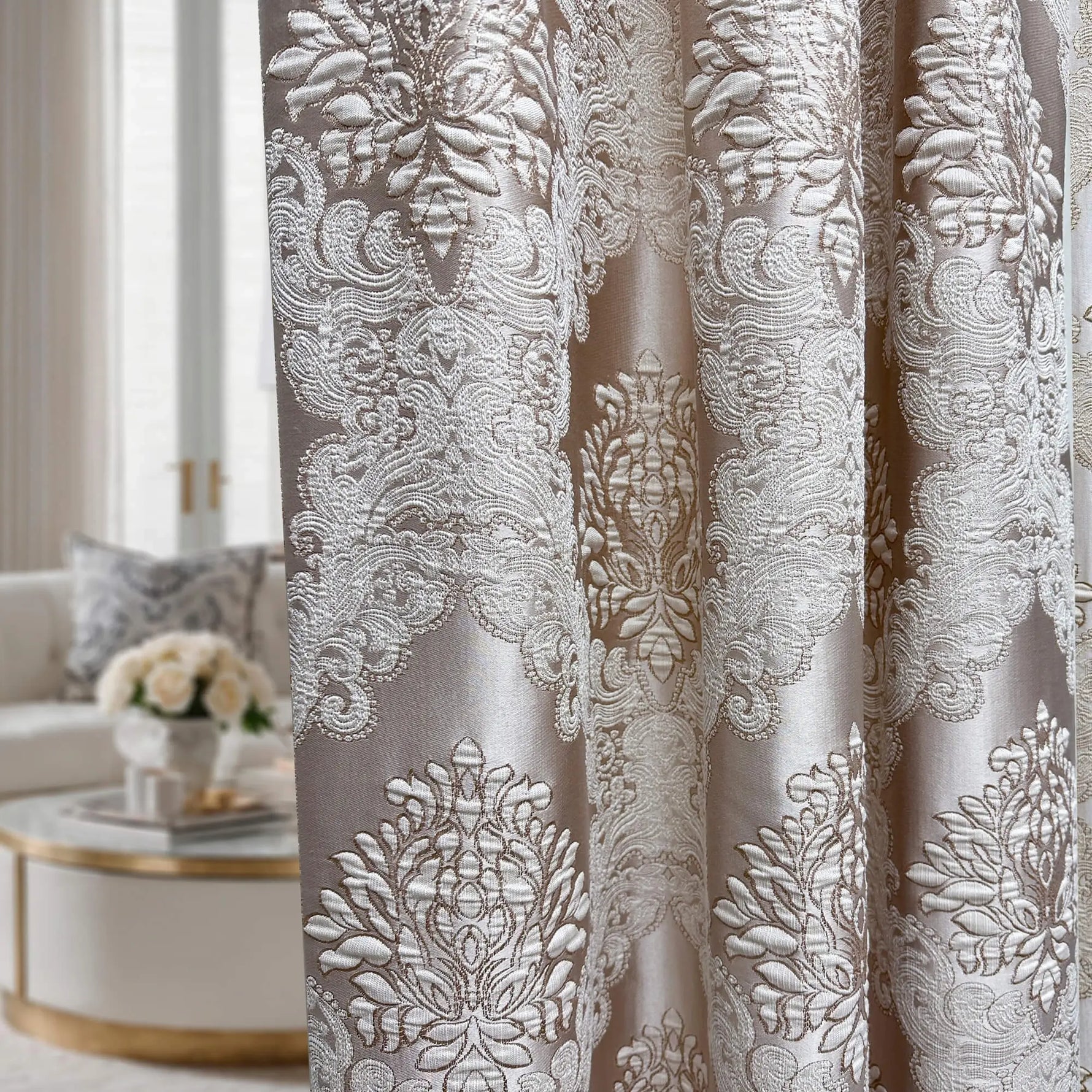 Floral damask jacquard curtain fabric sample with luxury woven texture