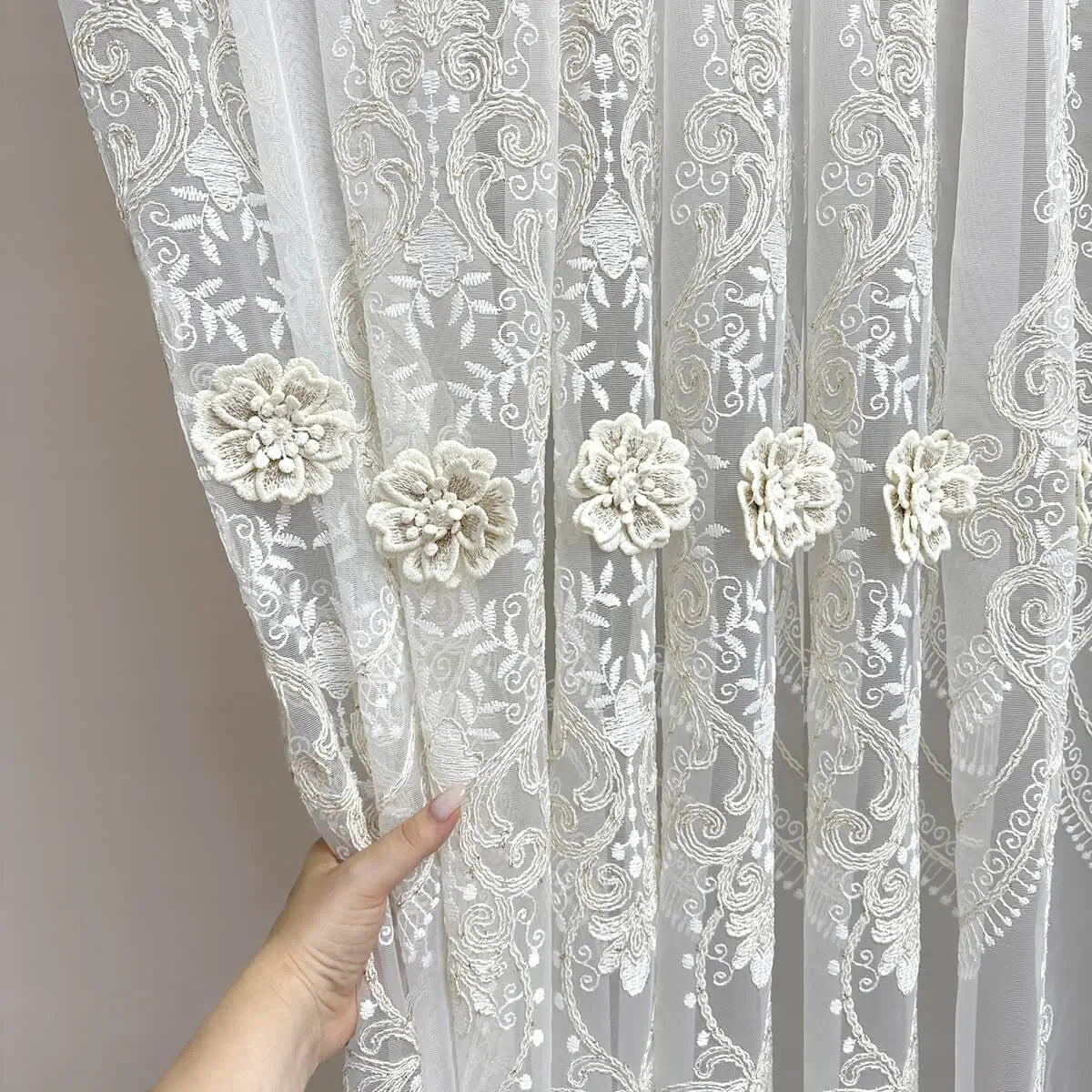 Floral Embroidered Tulle with 3D Flowers in Victorian Vintage Style