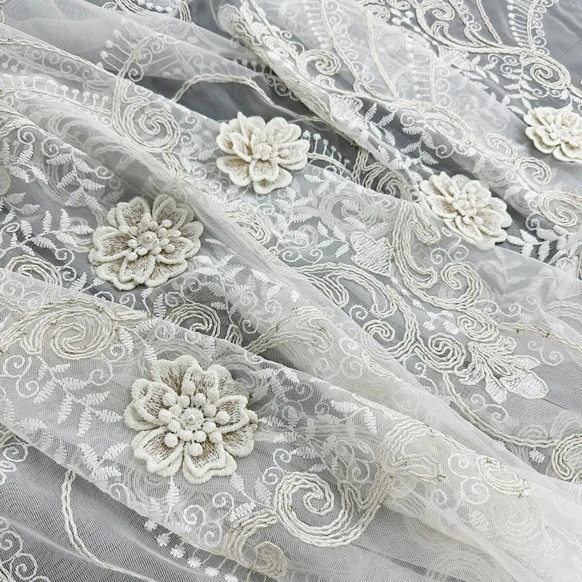 Elegant Lace Sheer Curtains, Floral Embroidered  with 3D Flowers in Victorian Vintage Style