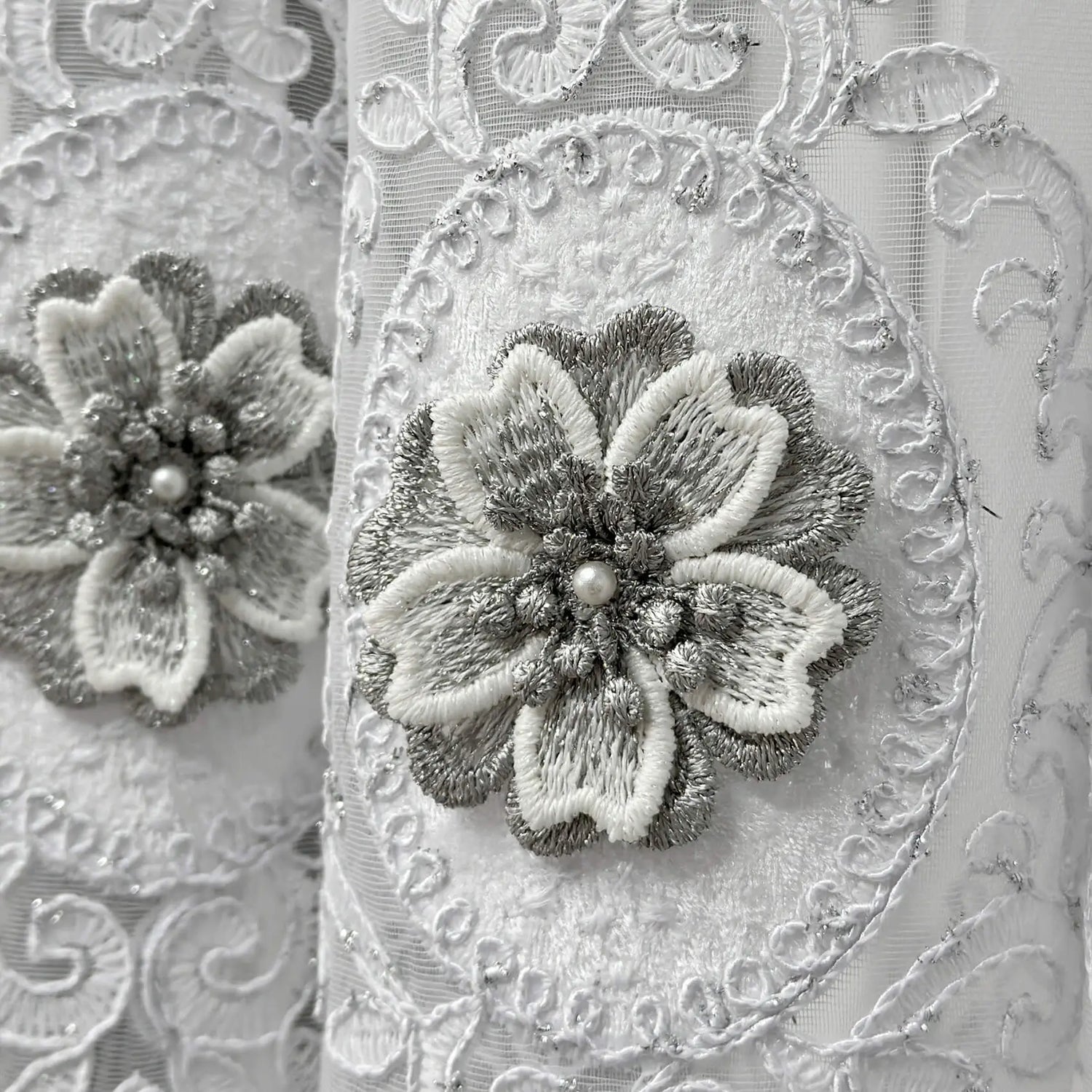 Lace Embroidered Curtains with Gray 3D Flowers