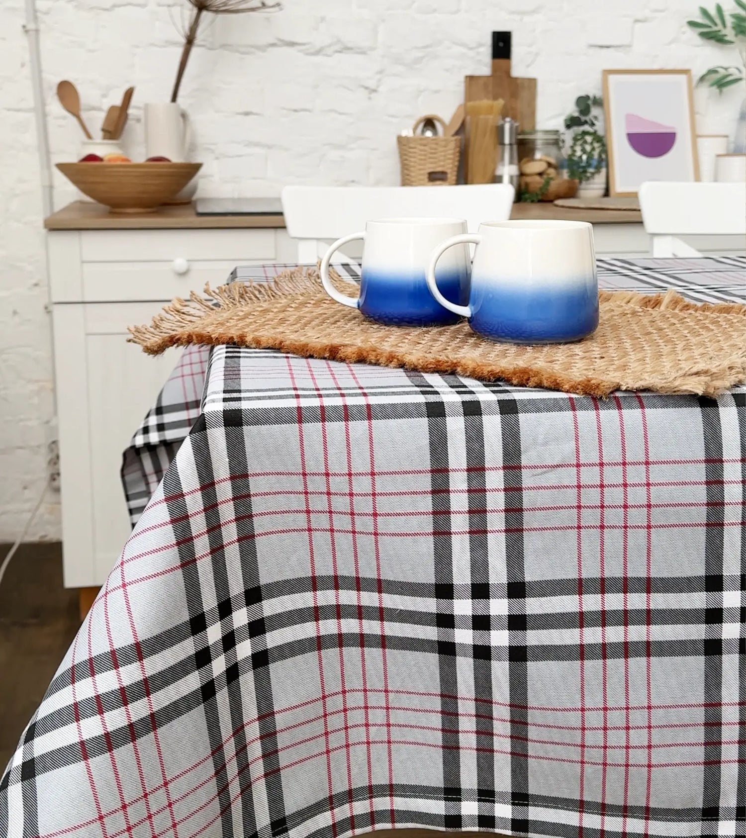 Waterproof Classic British Style Linen Gingham Tablecloth, Gray Plaid