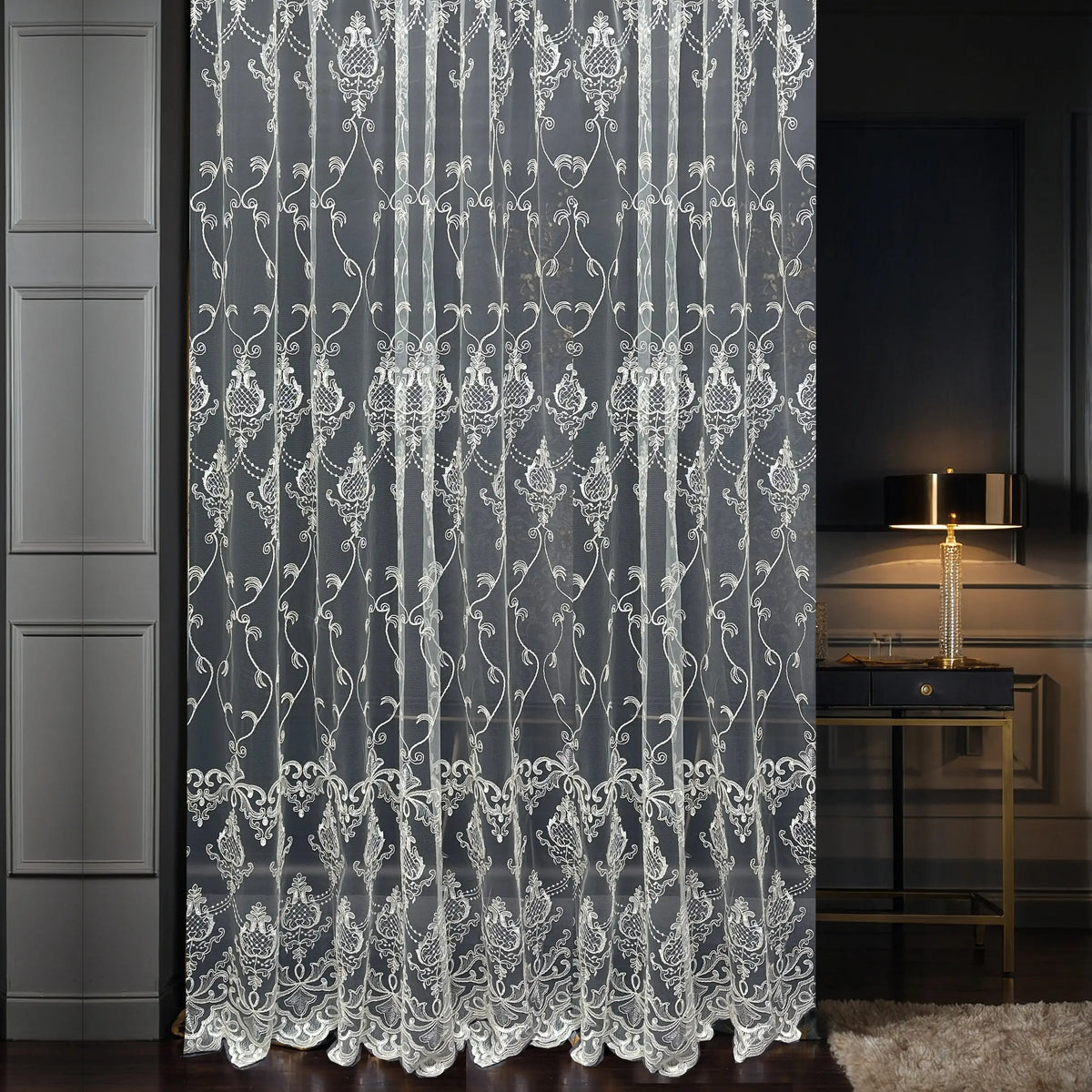 Luxury European Style Off-White Sheer Lace Curtains with Embroidery 
