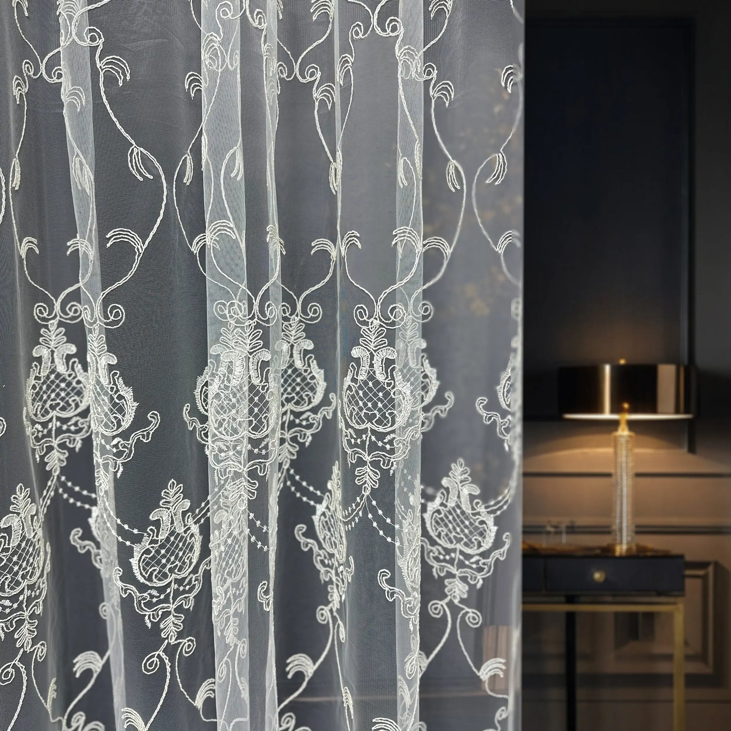 Luxury European Style Off-White Sheer Lace Curtains with Embroidery 