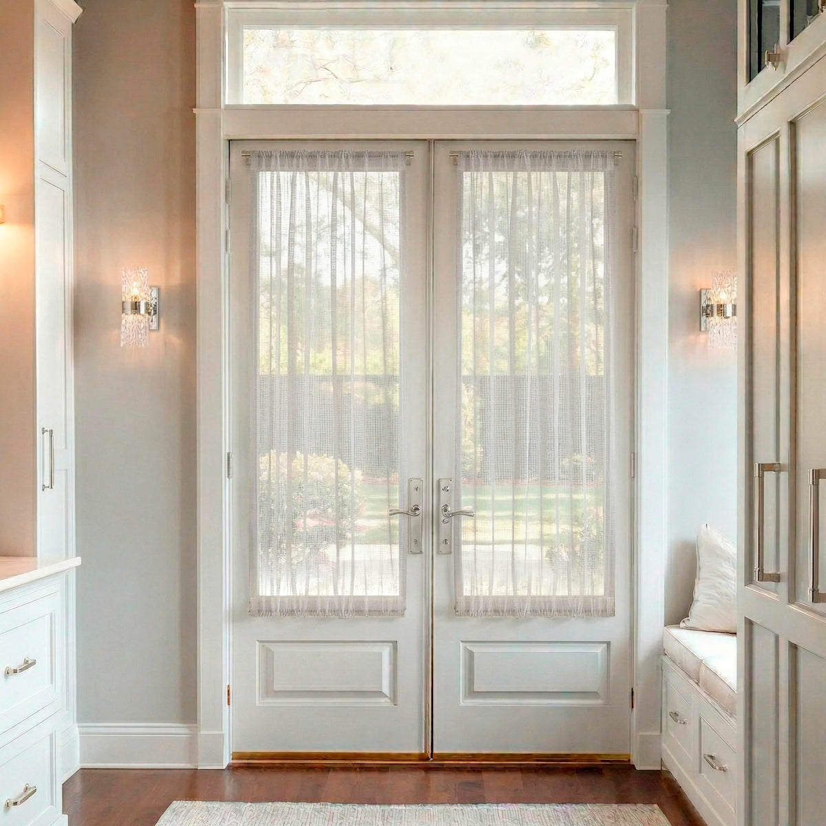 Mesh Sheer French Door Curtain – Textured Net Weave Sash Panel with Top & Bottom Rod Pockets