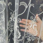 Close-up of white lace fabric with intricate patterns held by a hand against a dark background.