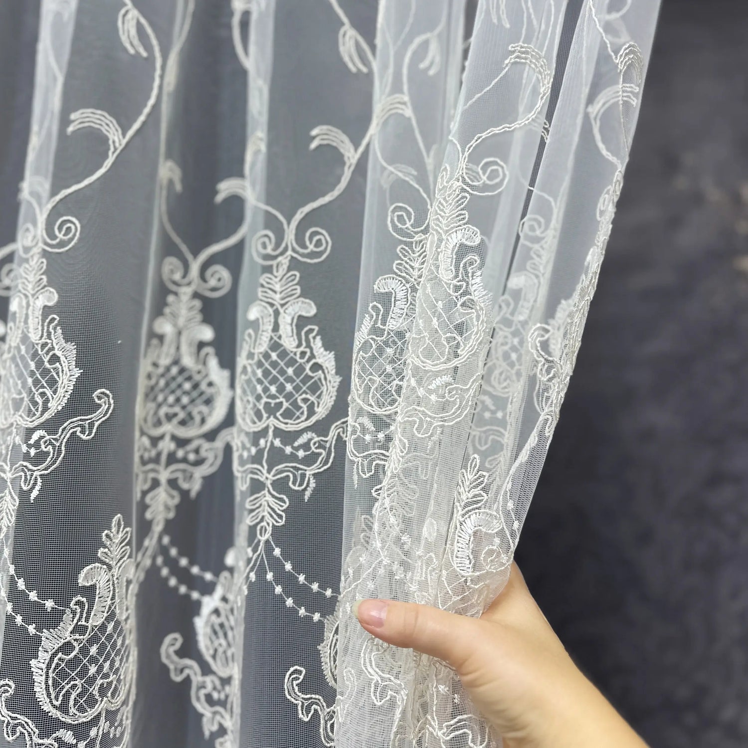 Luxury European Style Off-White Sheer Lace Curtains with Embroidery 