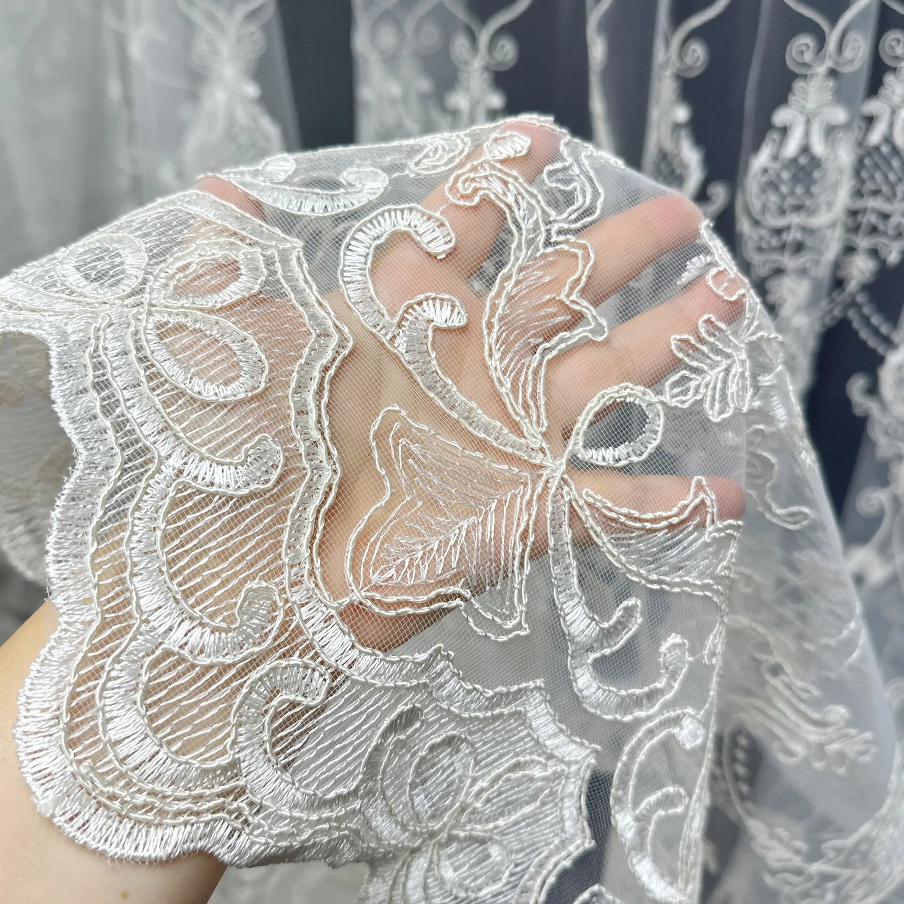Luxury European Style Off-White Sheer Lace Curtains with Embroidery 
