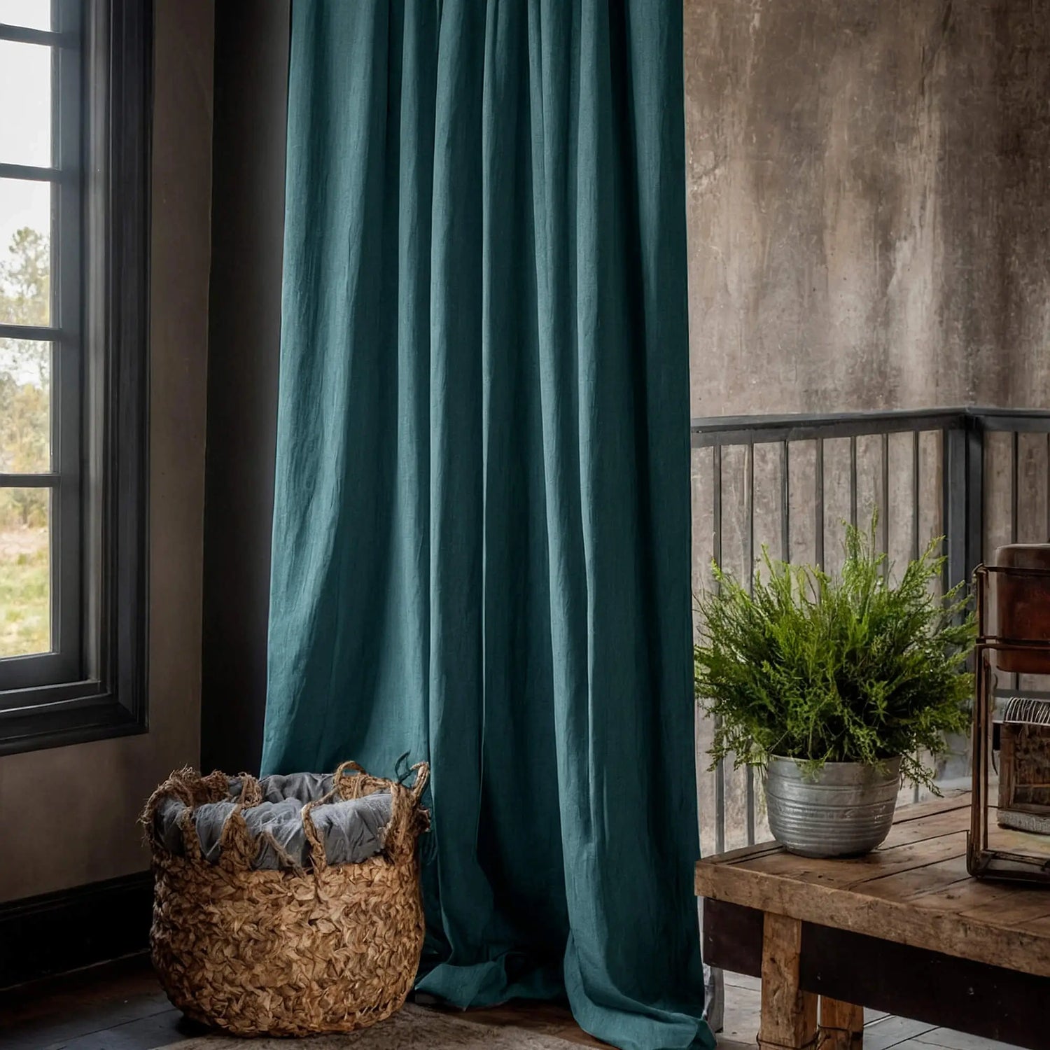 Curtains Burlap / Linen for Farmhouse Living Room, Bedroom, Kitchen, Custom Made Pine Green Panel