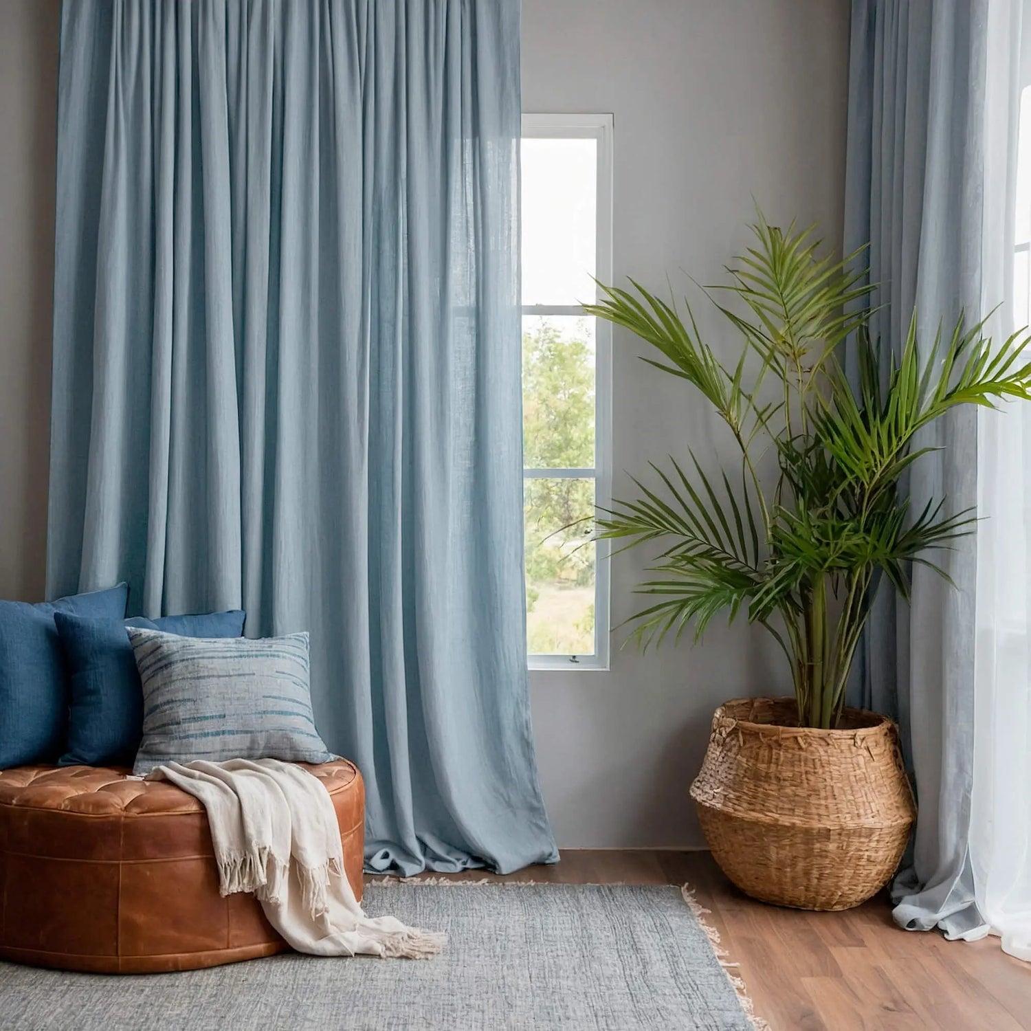 Curtains Burlap / Linen for Farmhouse Living Room, Bedroom, Kitchen, Custom Made Light Blue Panel