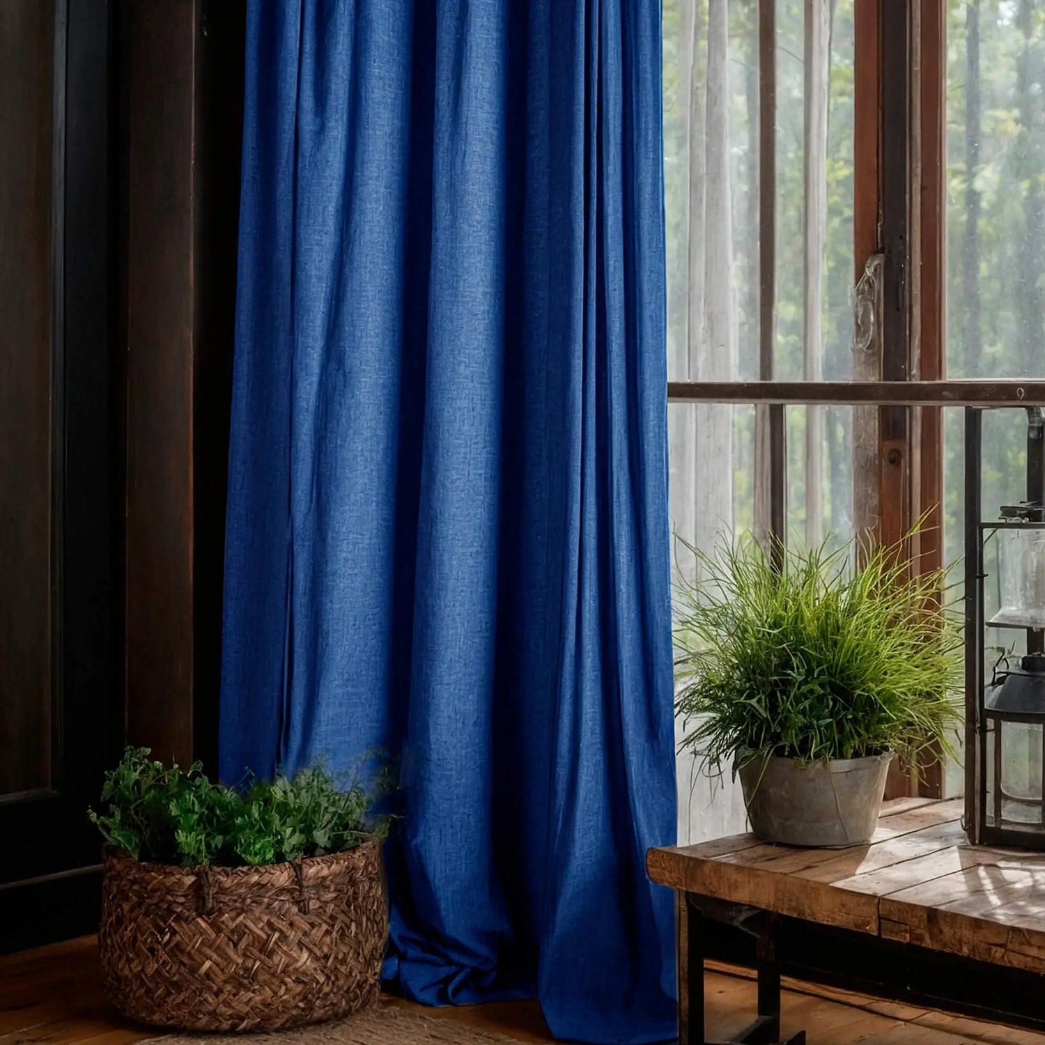 Curtains Burlap / Linen for Farmhouse Living Room, Bedroom, Kitchen, Custom Made Ultramarine Blue Panel