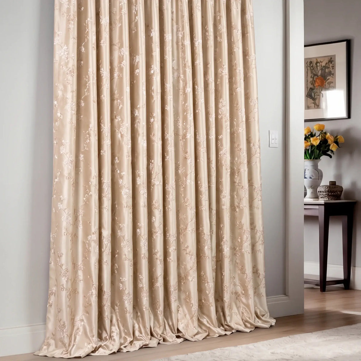 Curtains Floral Jacquard, Classic Bohemian Luxury Cream Drapes for Living Room