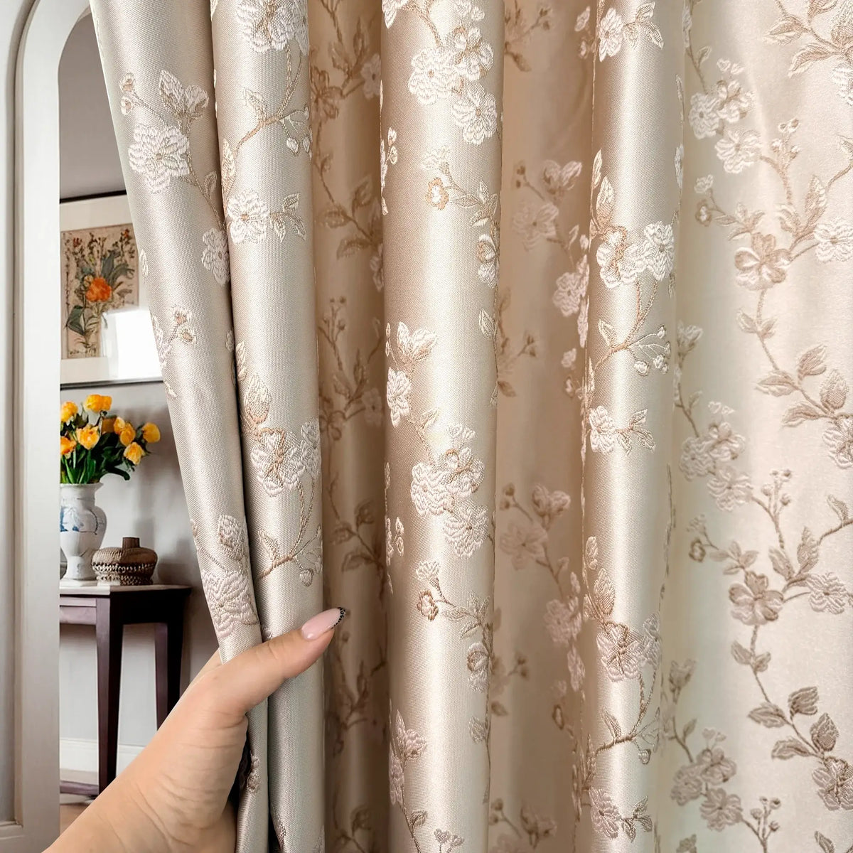 Curtains Floral Jacquard, Classic Bohemian Luxury Cream Drapes for Living Room