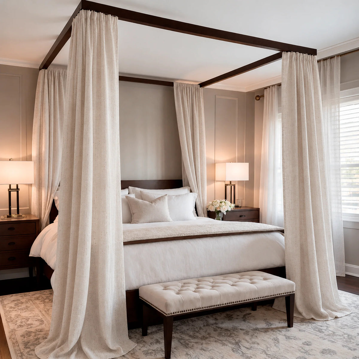 Linen Curtains Beige in Modern Style, Adult Four Poster Canopy Bed Drapes