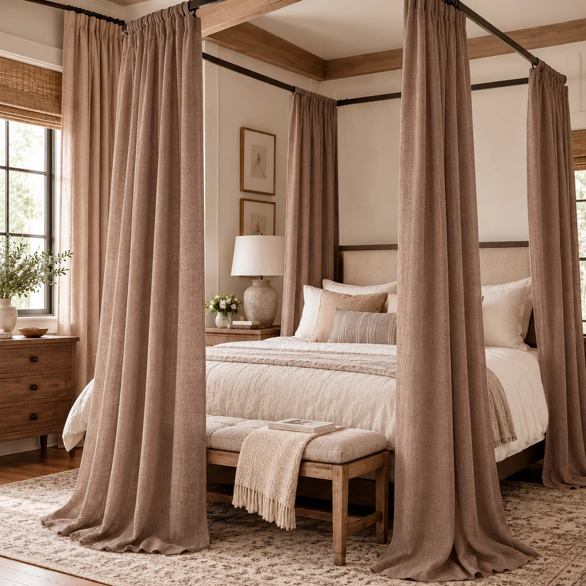 Linen Canopy Bed Curtains – Warm Taupe Viscose Linen Bed Drapes for Four Poster Bed