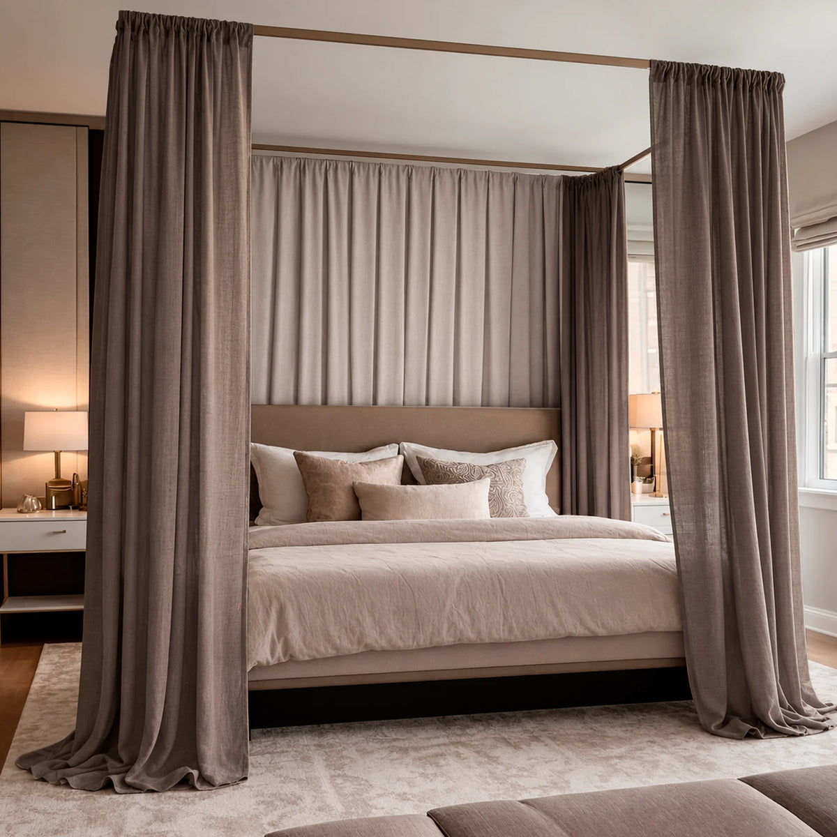 Linen Canopy Bed Curtains – Hollow Brown Viscose Linen Bed Drapes for Four Poster Bed