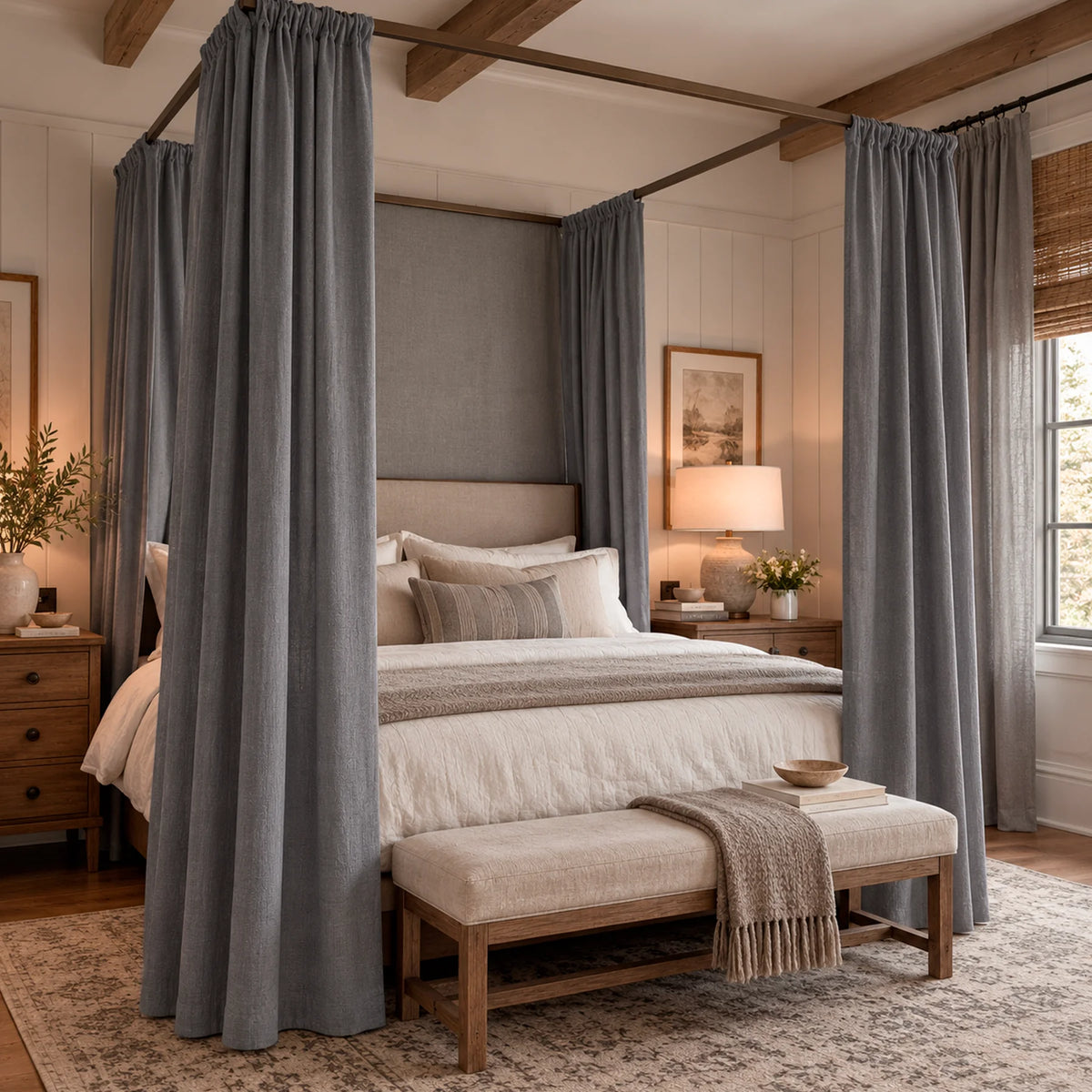Linen Canopy Bed Curtains – Gray Drapes for Modern Farmhouse Four Poster Bed