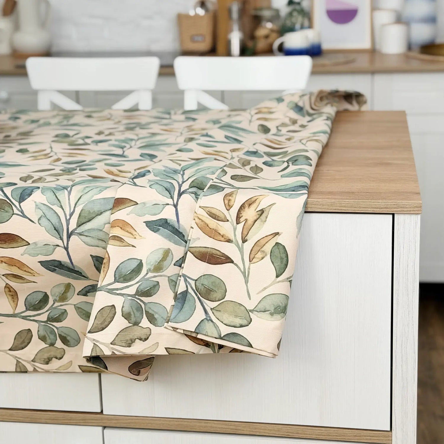 Linen Tablecloth Waterproof Wipeable, Botanical Leaf Table Cover, Cottage Style