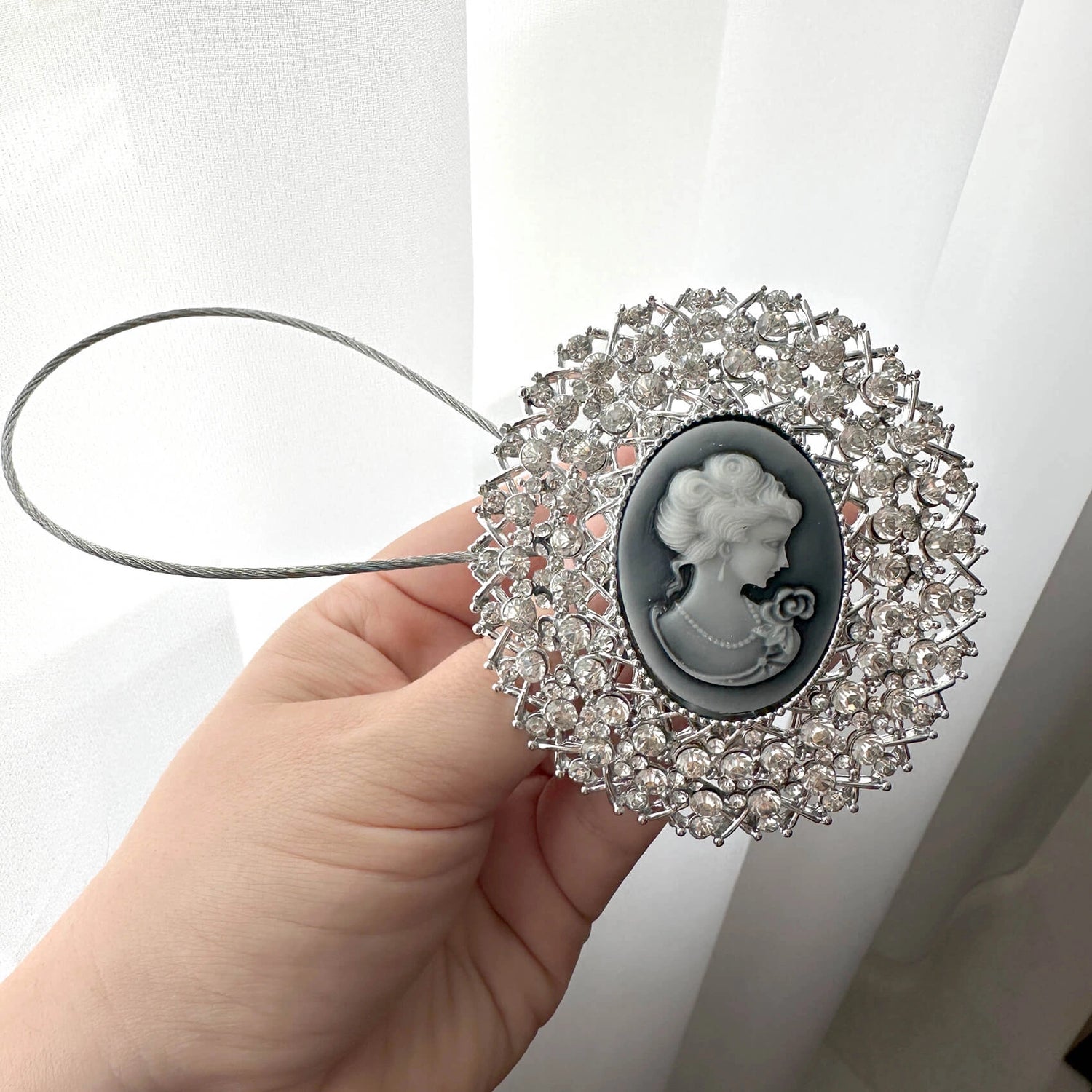 Curtain Tieback with Rhinestones in Neoclassical Style, Silver Holdback