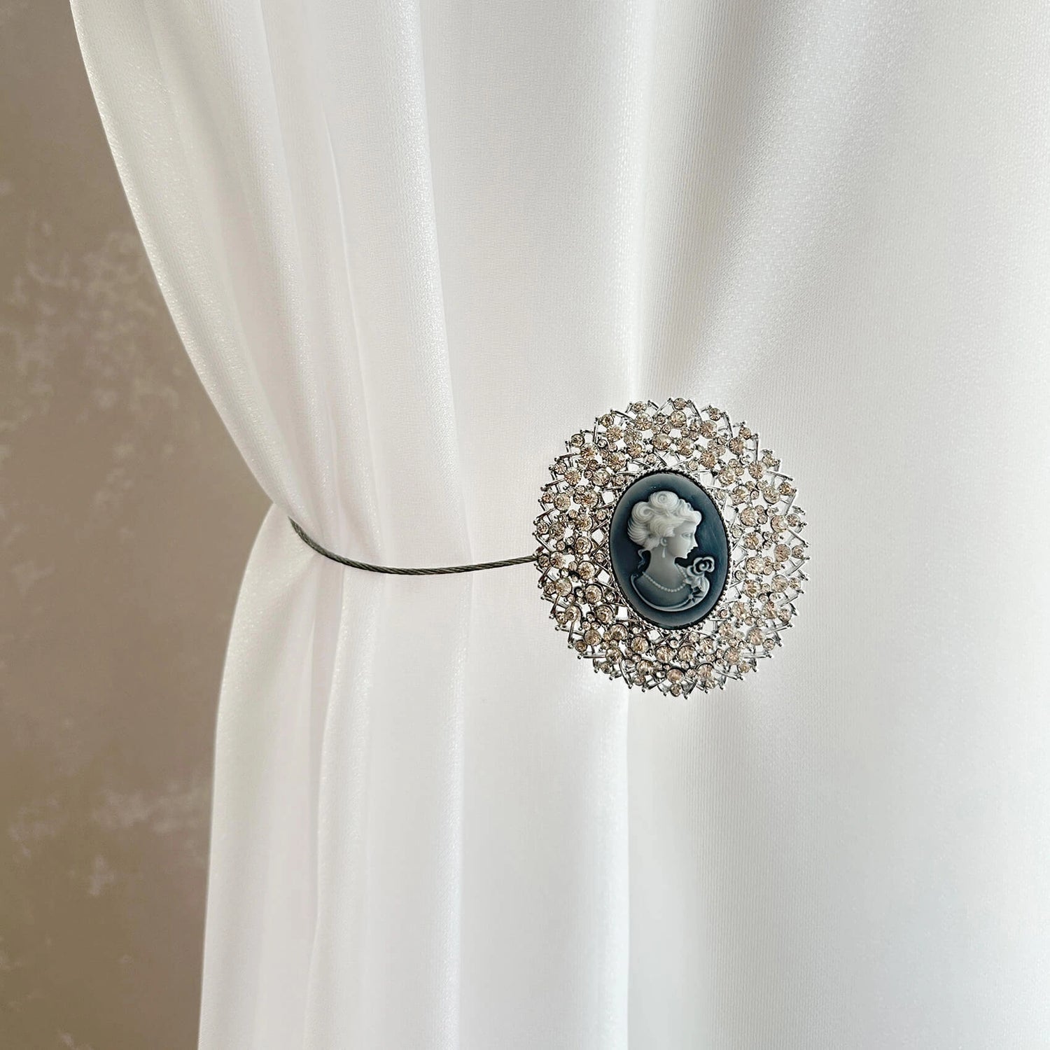 Curtain Tieback with Rhinestones in Neoclassical Style, Silver Holdback