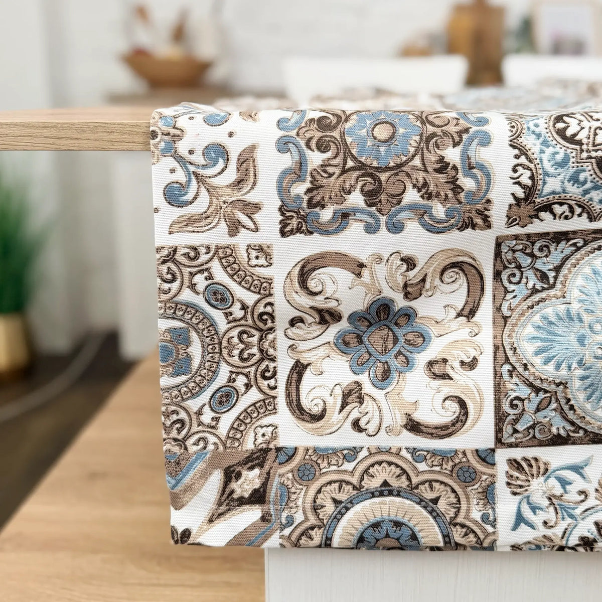 Custom Size Cotton Waterproof Wipeable Tablecloth, Spanish Azulejo Tile Design