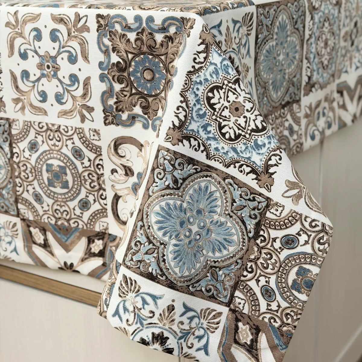 Custom Size Cotton Waterproof Wipeable Tablecloth, Spanish Azulejo Tile Design