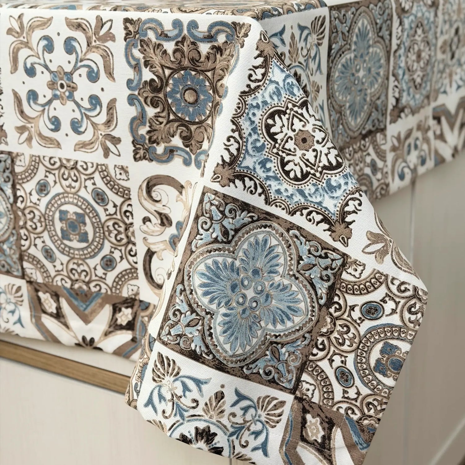 Custom Size Cotton Waterproof Wipeable Tablecloth, Spanish Azulejo Tile Design