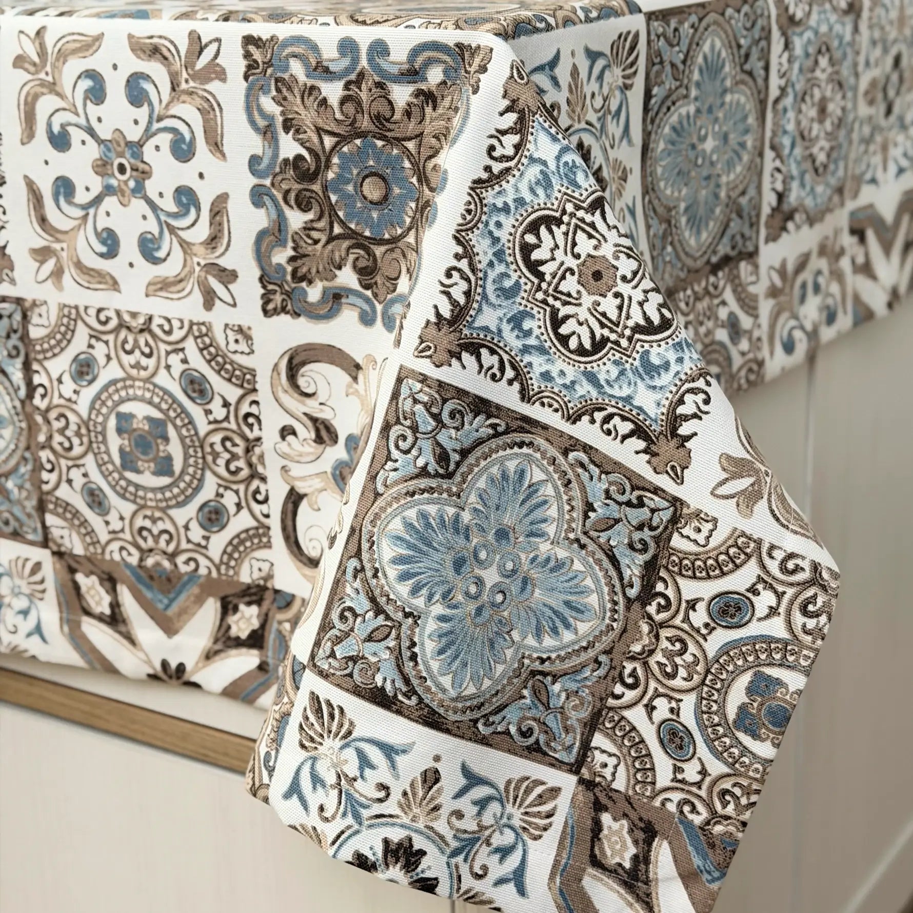 Custom Size Cotton Waterproof Wipeable Tablecloth, Spanish Azulejo Tile Design
