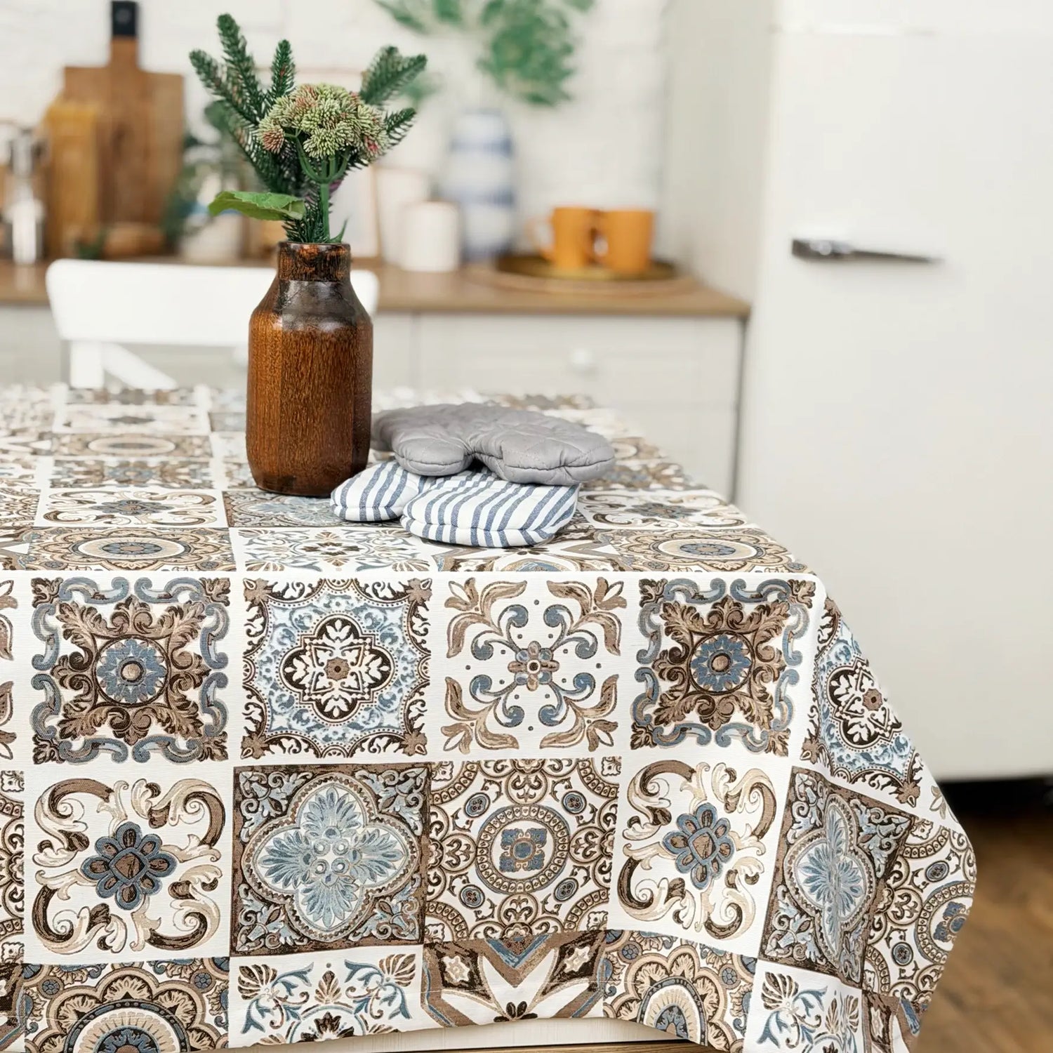 Custom Size Cotton Waterproof Wipeable Tablecloth, Spanish Azulejo Tile Design