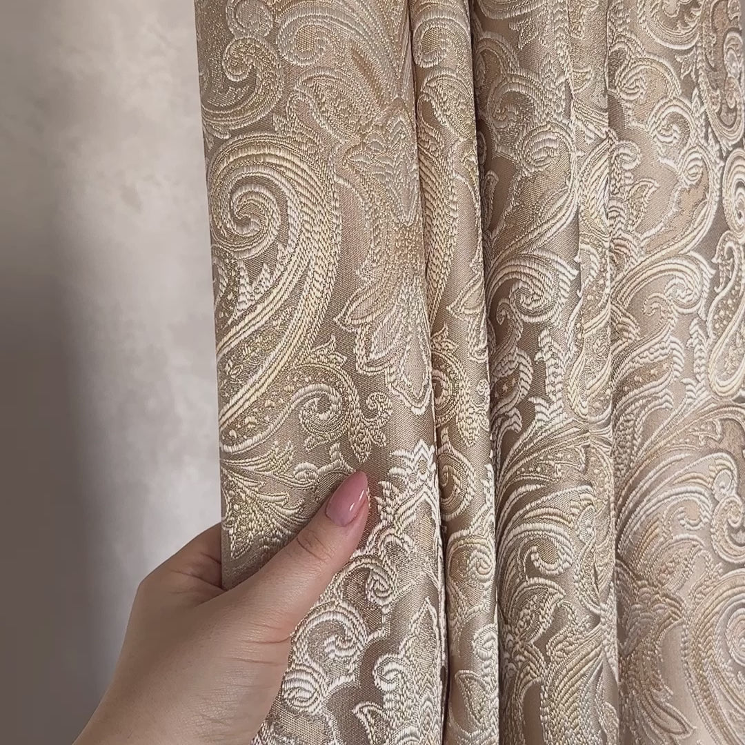 Jacquard Tapestry Curtains, Luxury Paisley Patterned in Rich Beige Gold Color