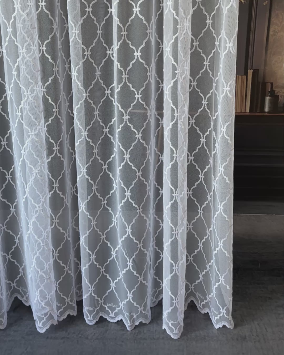 White Moroccan Trellis Embroidered Sheer Lace Curtains, Geometric Tulle Drapes for Living Room & Bedroom