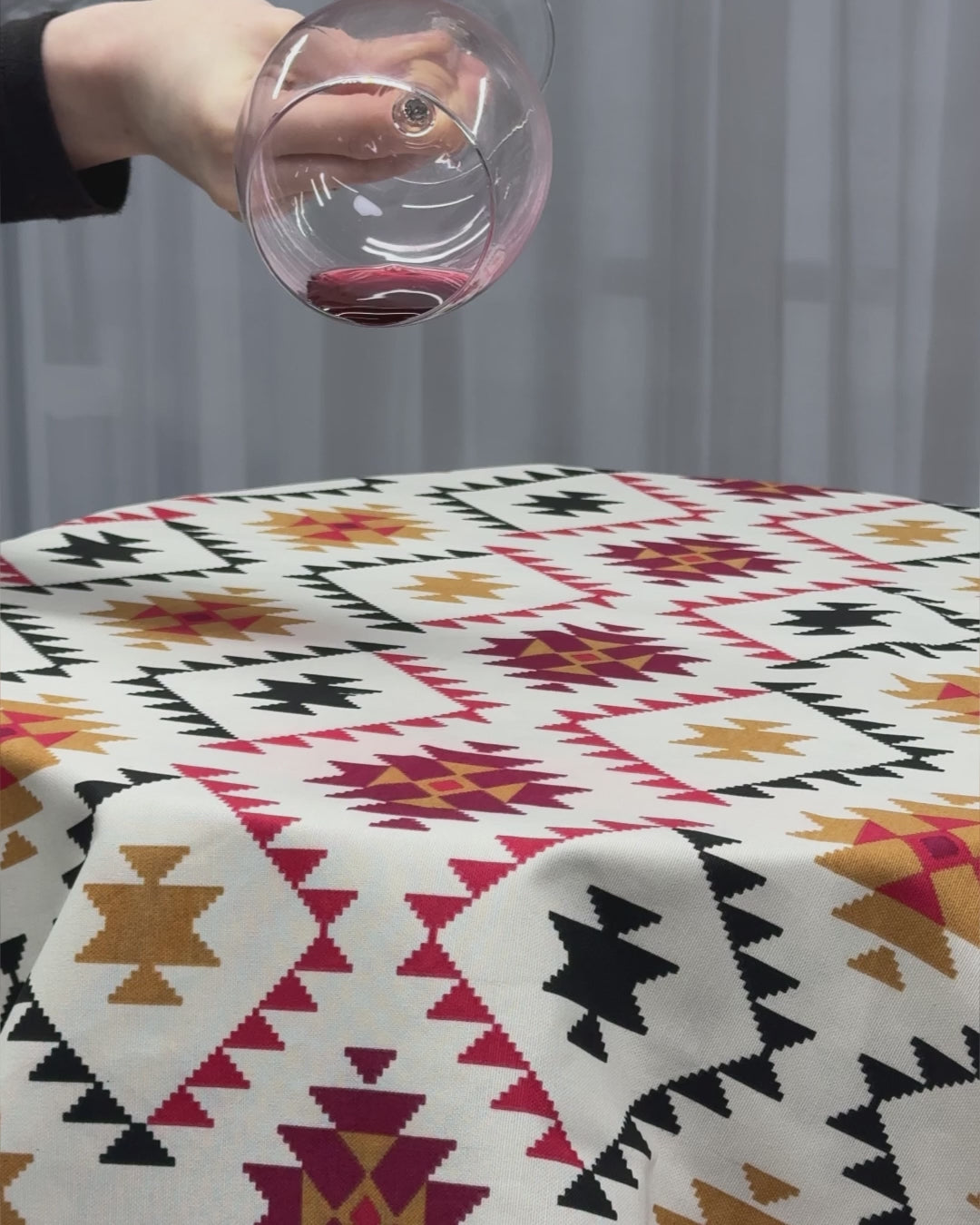 Cotton Tablecloth Waterproof Wipeable, Southwestern Aztec Geometric Table Cover in Red, Mustard and Black