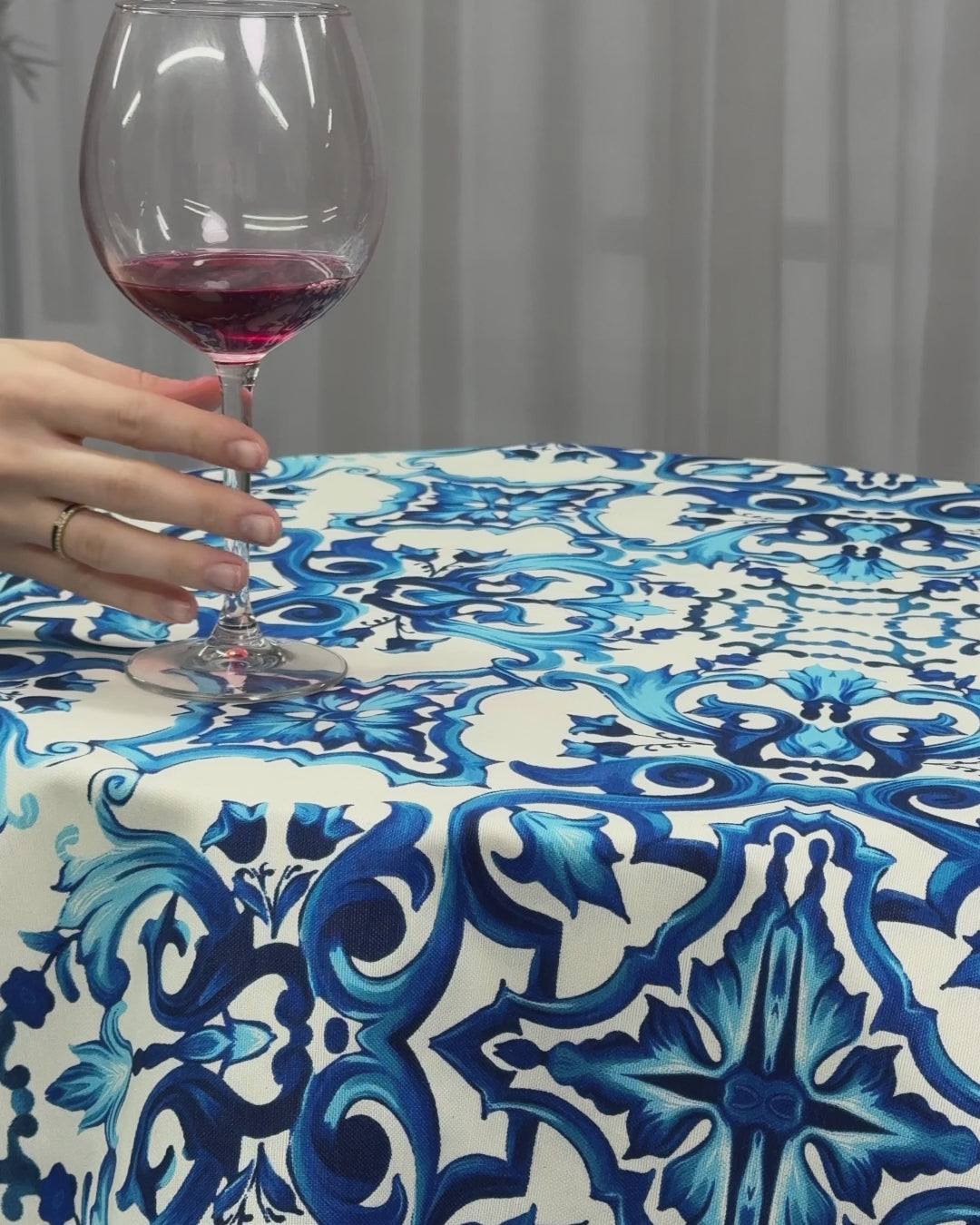Waterproof Blue Floral Mediterranean Linen Tablecloth, Wipe Clean