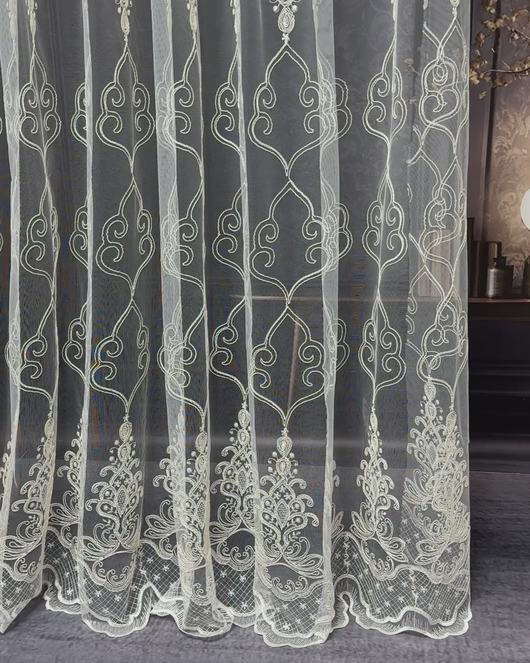 Off-White Sheer Lace Curtains with Embroidery