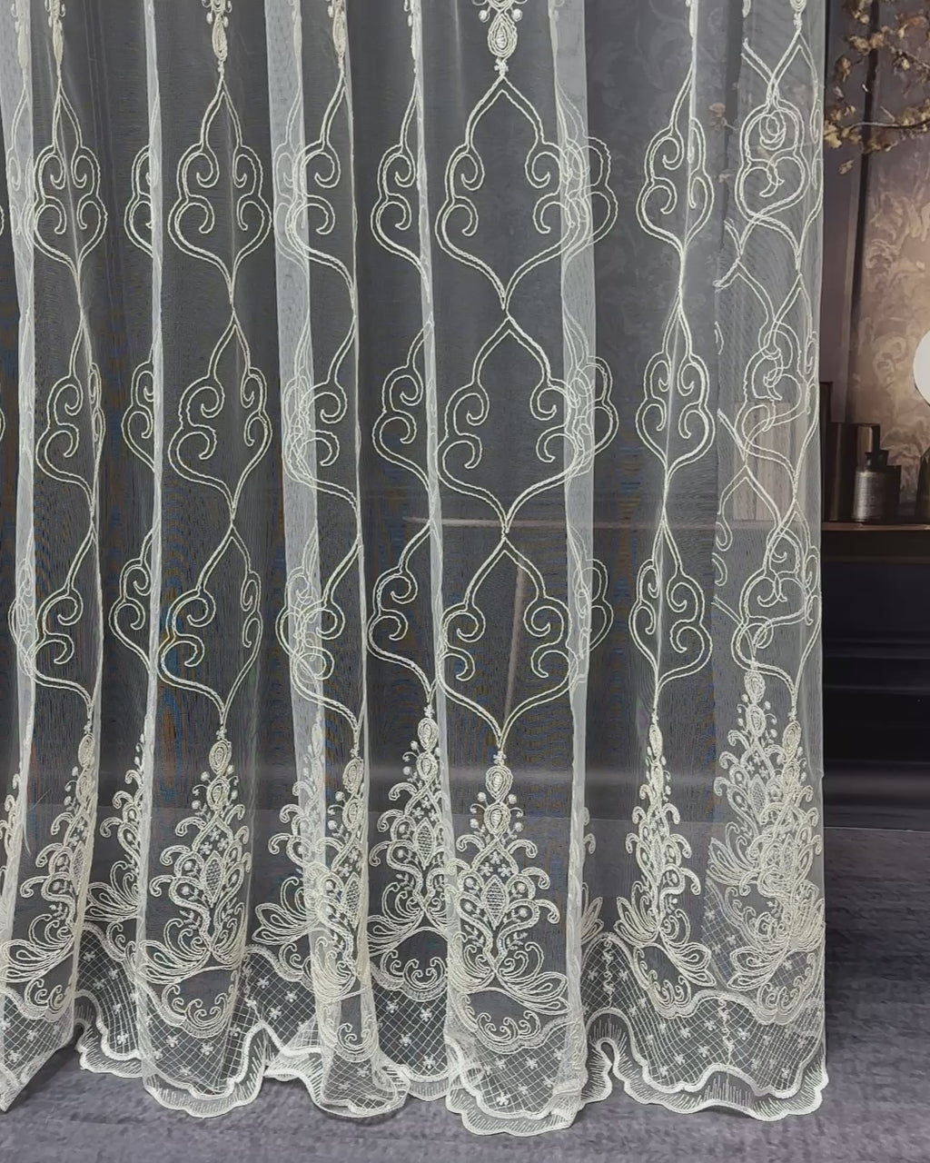Off-White Sheer Lace Curtains with Embroidery