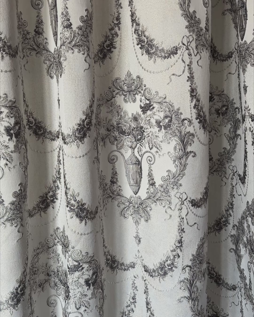 Luxury silver gray Victorian damask jacquard curtains with floral pattern and elegant textured fabric