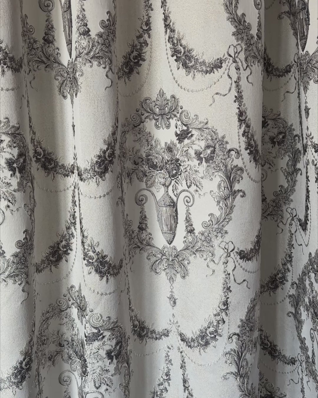 Luxury silver gray Victorian damask jacquard curtains with floral pattern and elegant textured fabric
