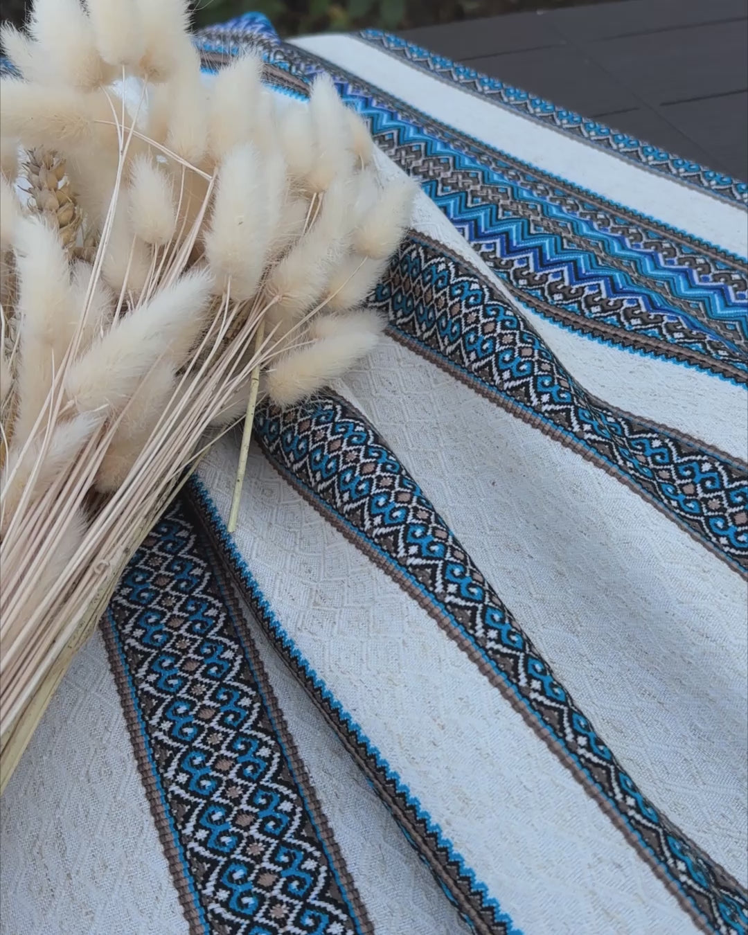 Handmade Ukrainian Linen Tablecloth - Ethnic Ornamental Blue Decor