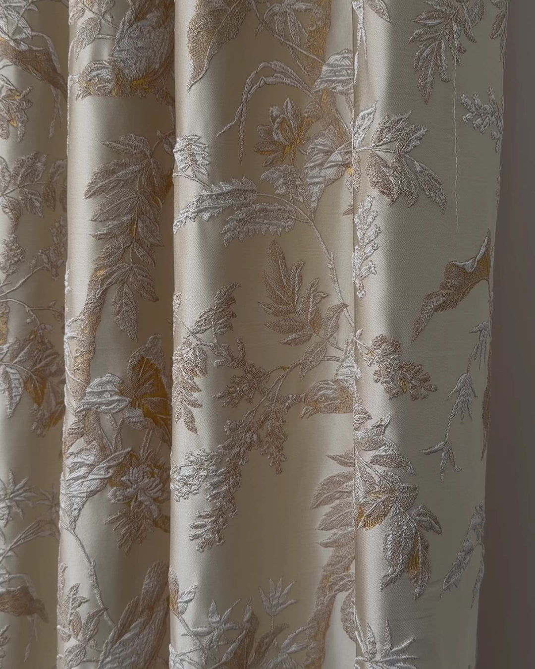 Window Curtains Custom Floral Bird Jacquard, Modern Golden Beige Blackout Eyelet Drapery