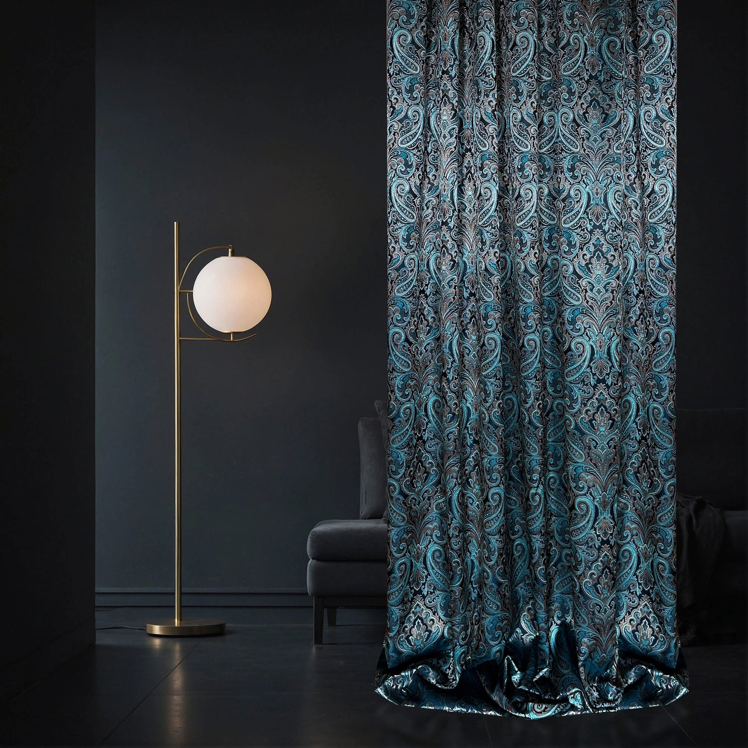 Curtains Paisley Turquoise Jacquard in dark interior