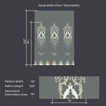 Measurement chart of a decorative panel with embroidery design on a dark background