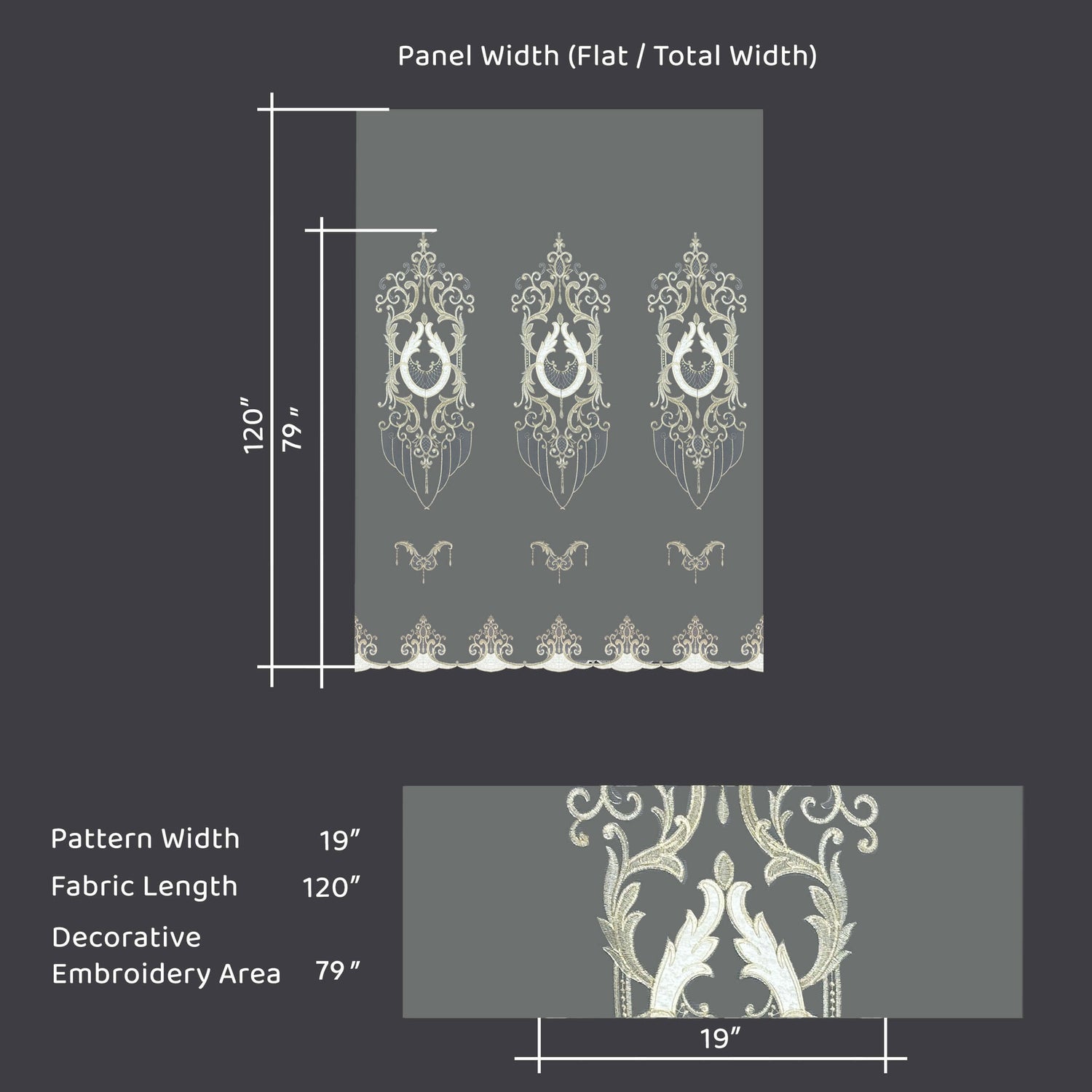 Measurement chart of a decorative panel with embroidery design on a dark background