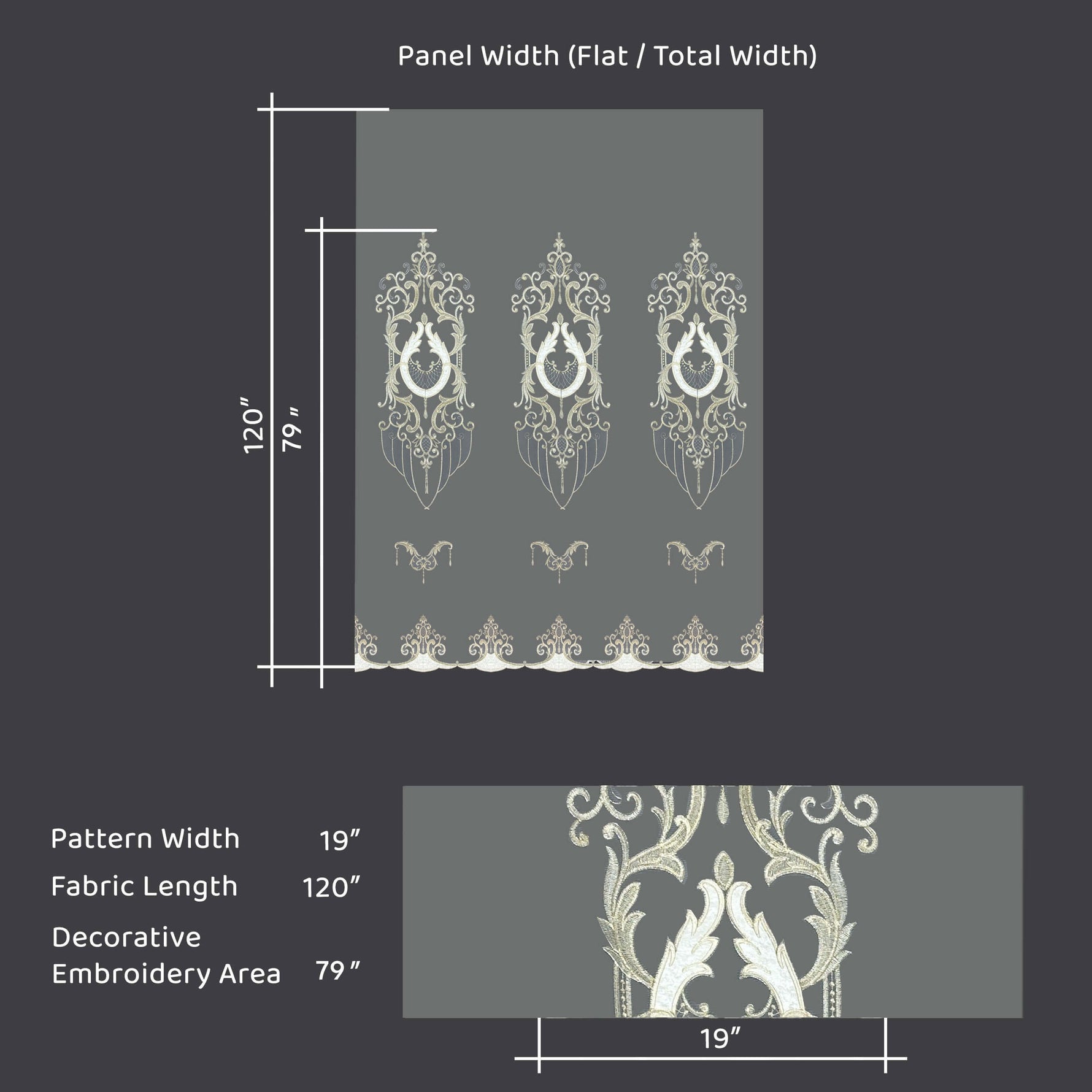 Measurement chart of a decorative panel with embroidery design on a dark background