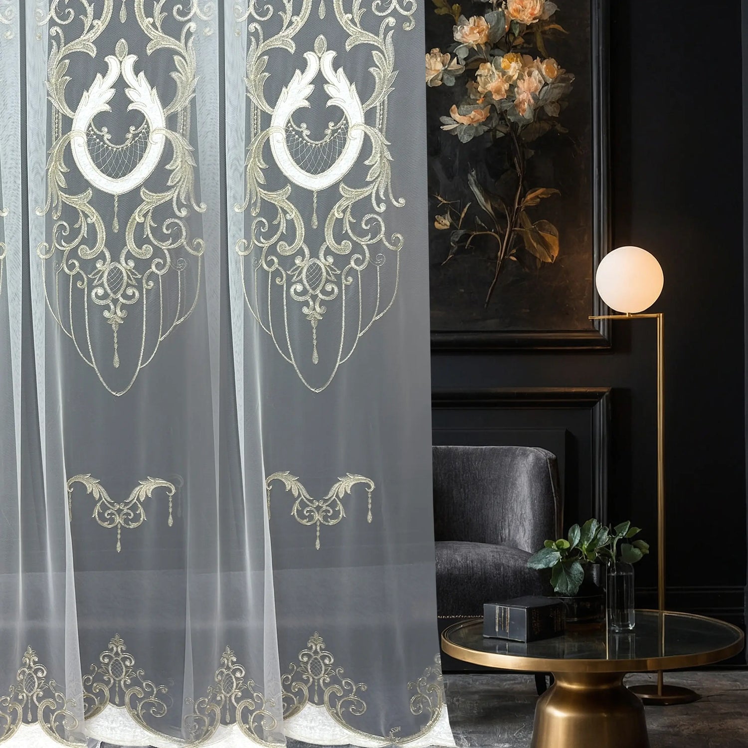 Luxury Vintage Damask Embroidered Sheer Curtains
