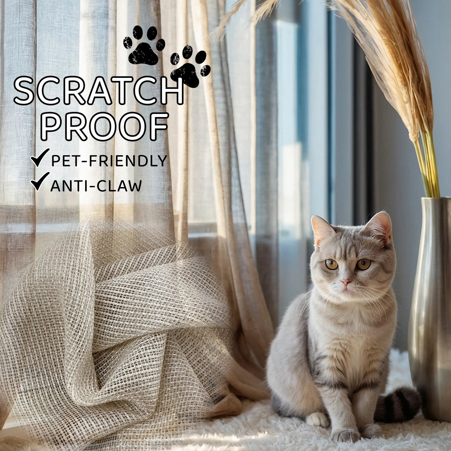 Scratch Resistant, Anti Claw Cat Proof Sheer Curtains, Beige Pet Friendly Custom Tulle 