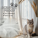 Cat sitting on a scratch proof curtains, pet-friendly, anti-claw properties.