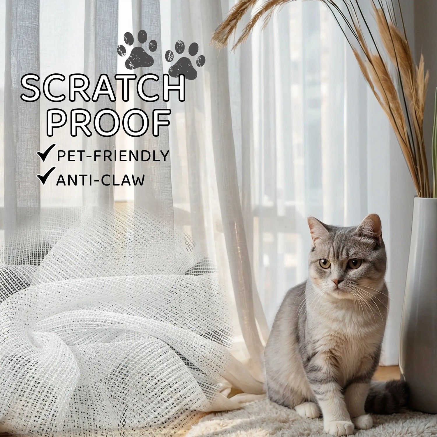 Cat sitting on a scratch proof curtains, pet-friendly, anti-claw properties.