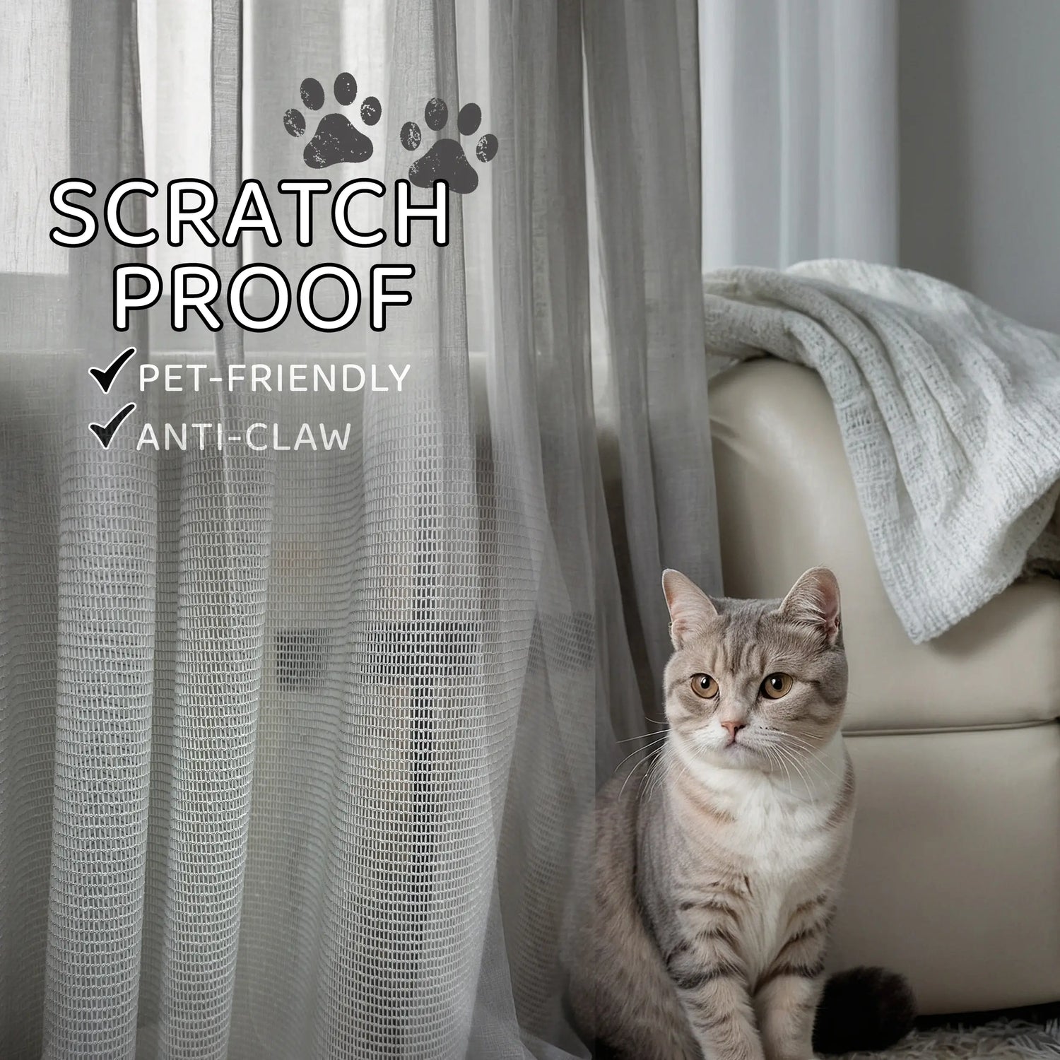 Cat sitting next to a scratch-proof pet-friendly curtain